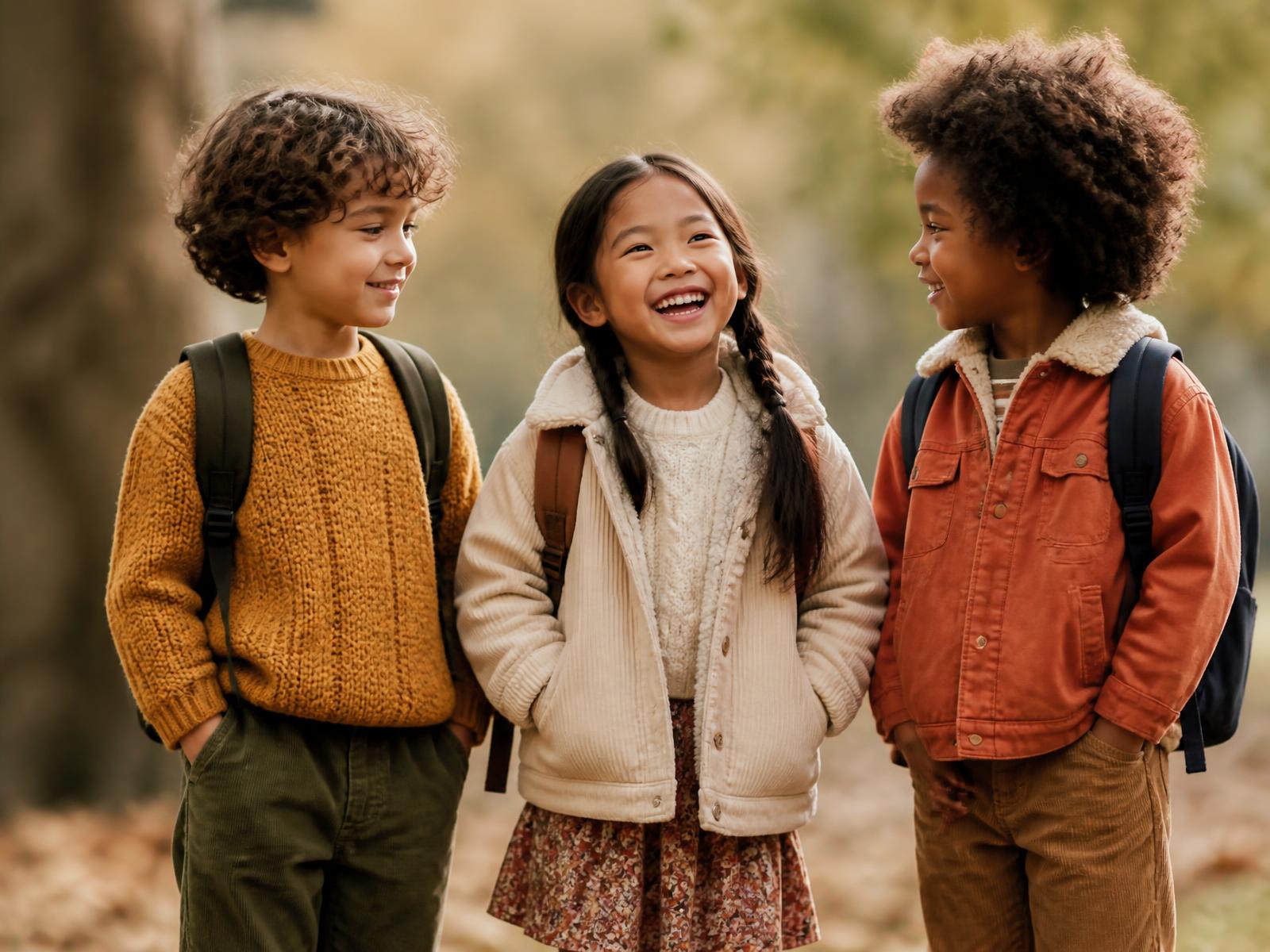 Enfants souriants en tenues d'automne confortables, lumière naturelle chaude